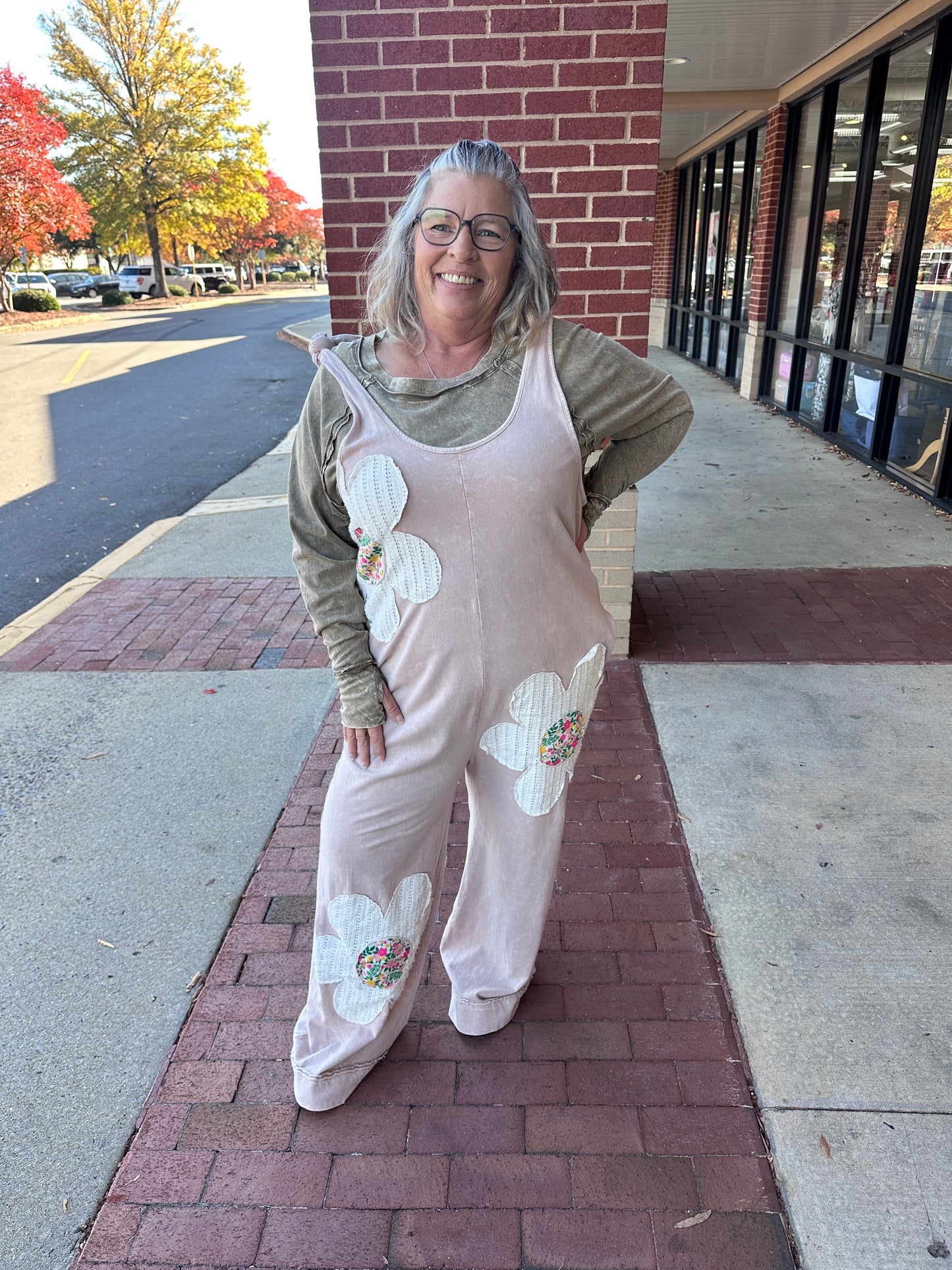 Mineral Washed Flower Patched Romper (J.Her)