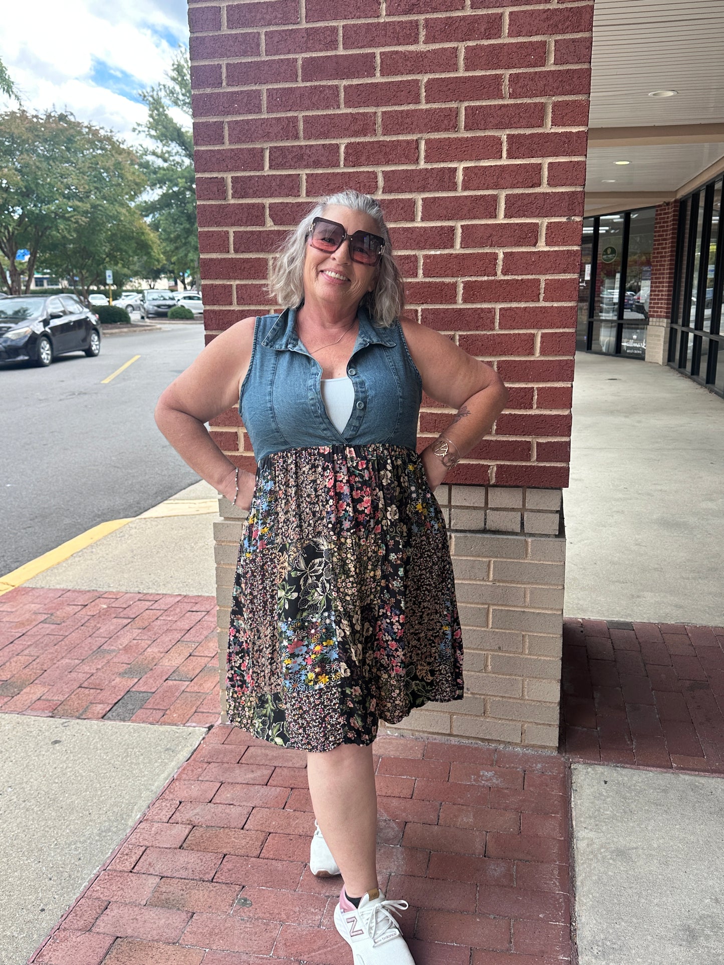 Rustic Summer Denim Short Dress with Print Patches
