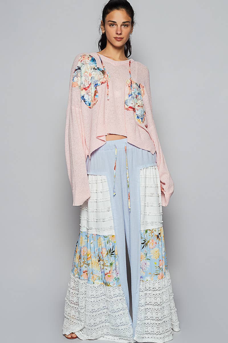 Double gauze lace and print detail flared pants (POL)