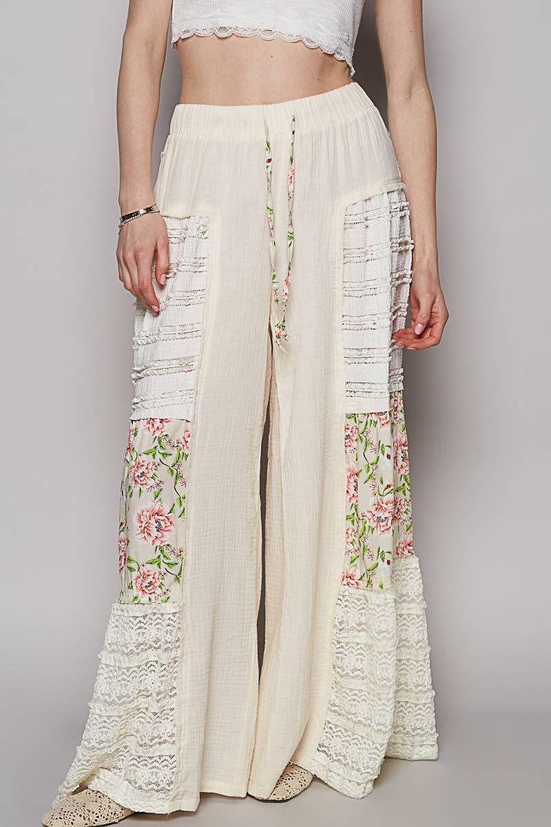 Double gauze lace and print detail flared pants (POL)