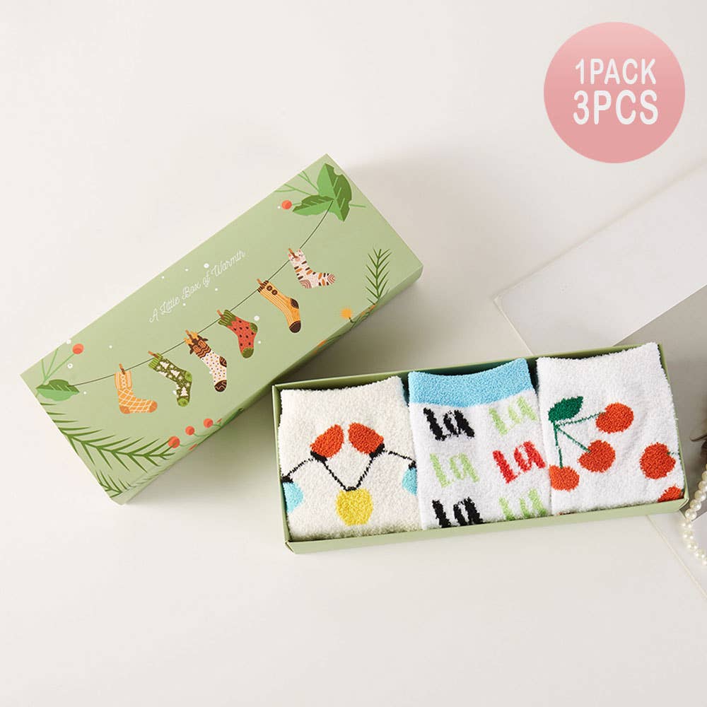 Cherry Holiday Light Fun Pattern Cozy Socks Gift Set