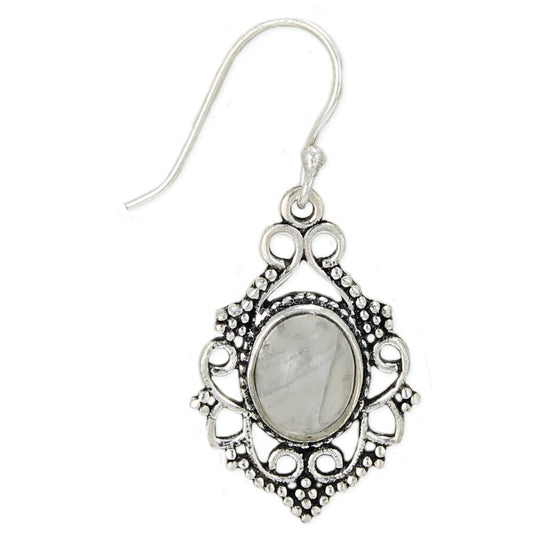 Silver Set Rainbow Moonstone Oval Earrings