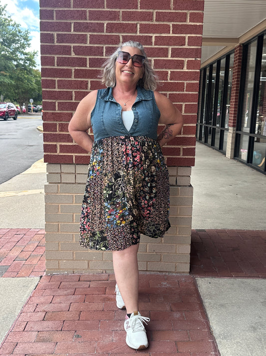 Rustic Summer Denim Short Dress with Print Patches
