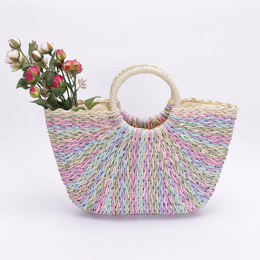 Faux Straw Multi Color Round Handle Tote Bag