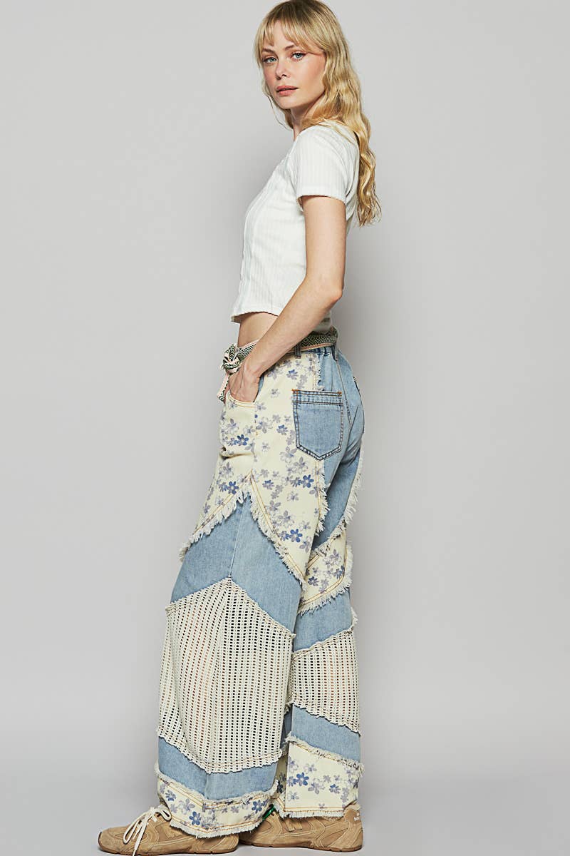 Floral print crochet contrast casual jeans (POL)