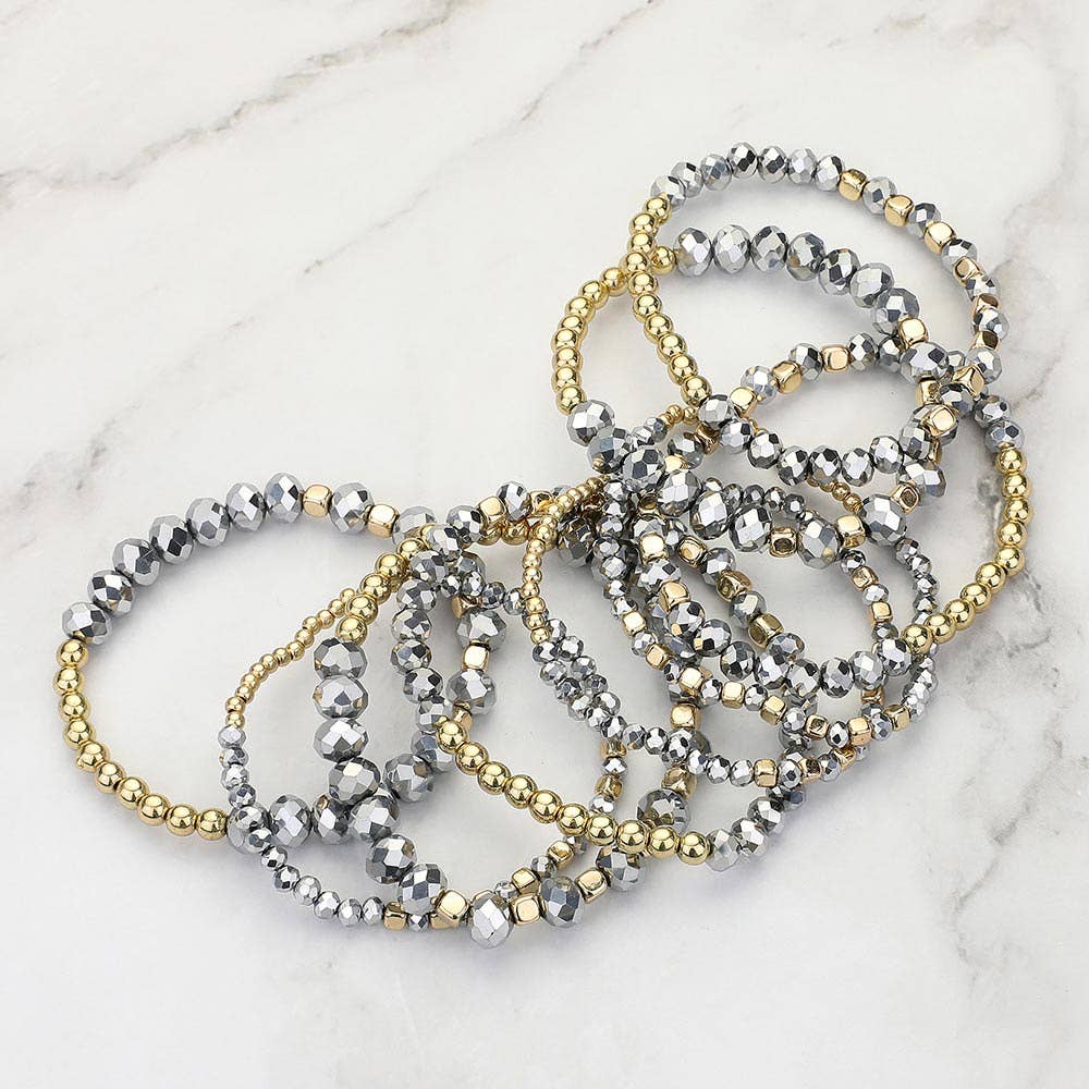 9PCs - Faceted Beaded Stretch Multi Layered Bracelets