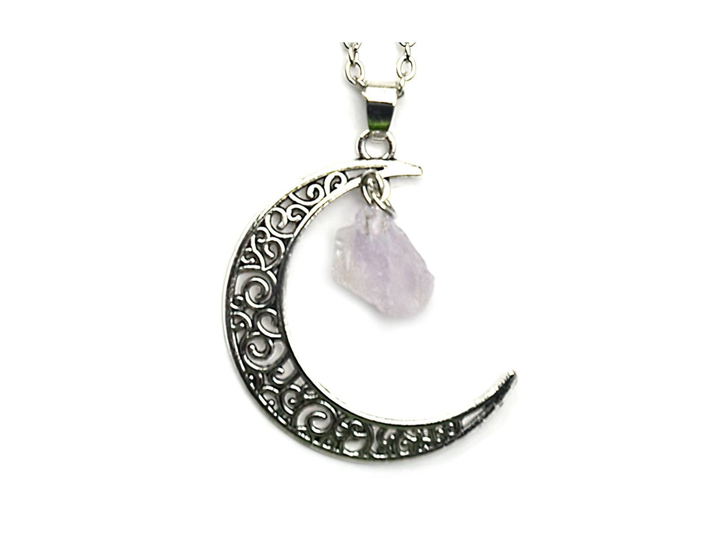 Antiqued Silver Moon Raw Amethyst Long Necklace