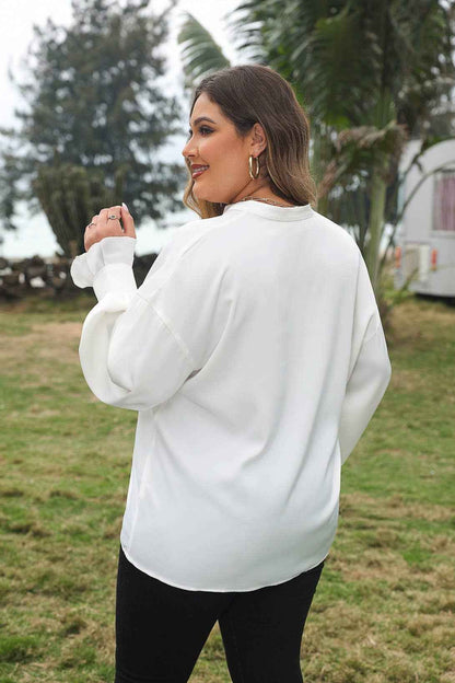 Ruffle V Neck Long Sleeve Plus Size Shirt