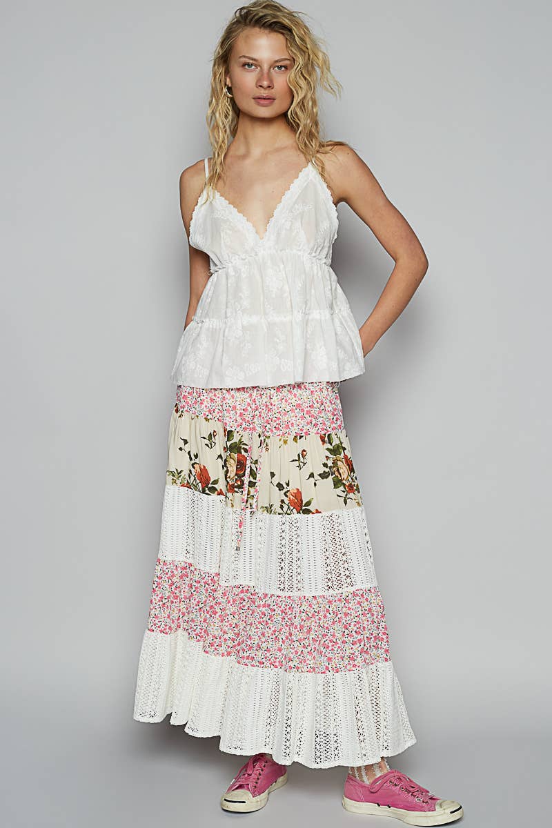Crochet lace mix floral printed skirt