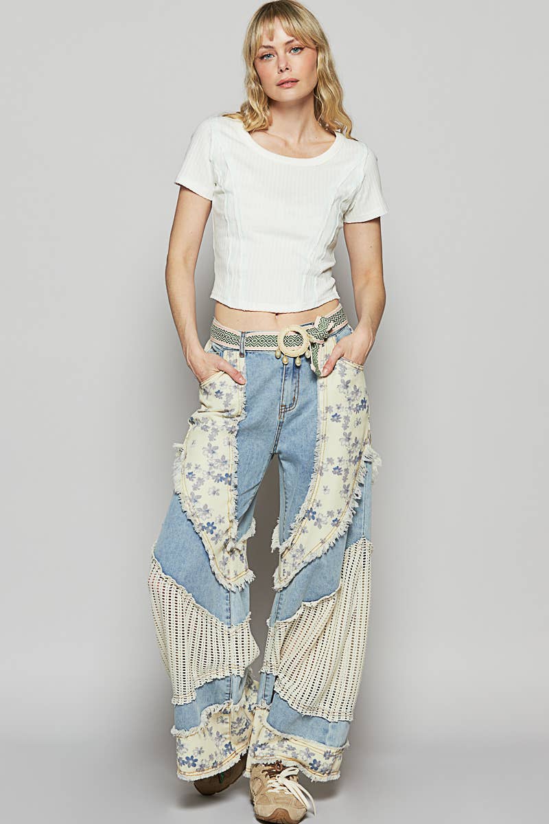 Floral print crochet contrast casual jeans (POL)