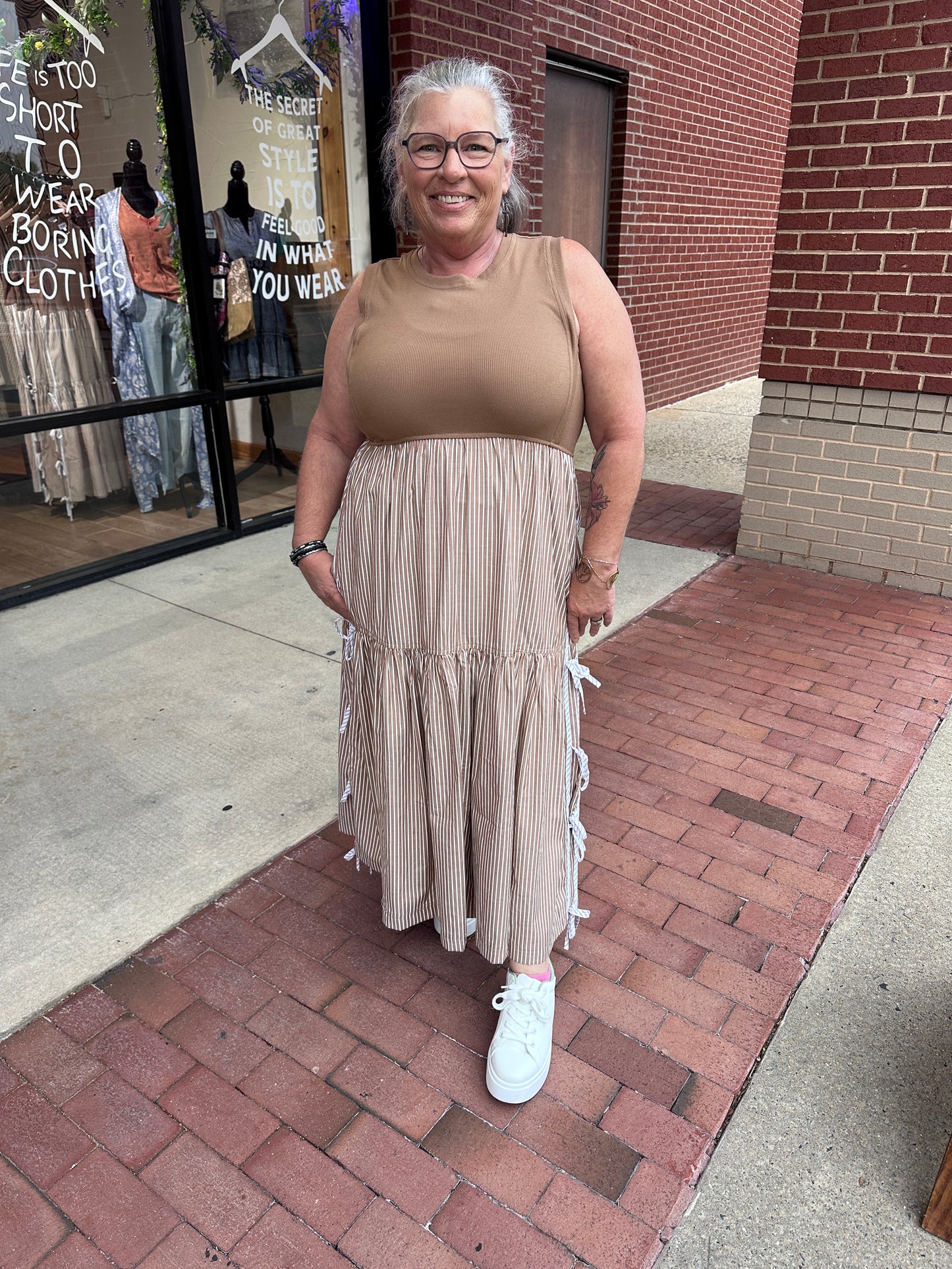 Side Bow Striped Midi Dress (eesome)