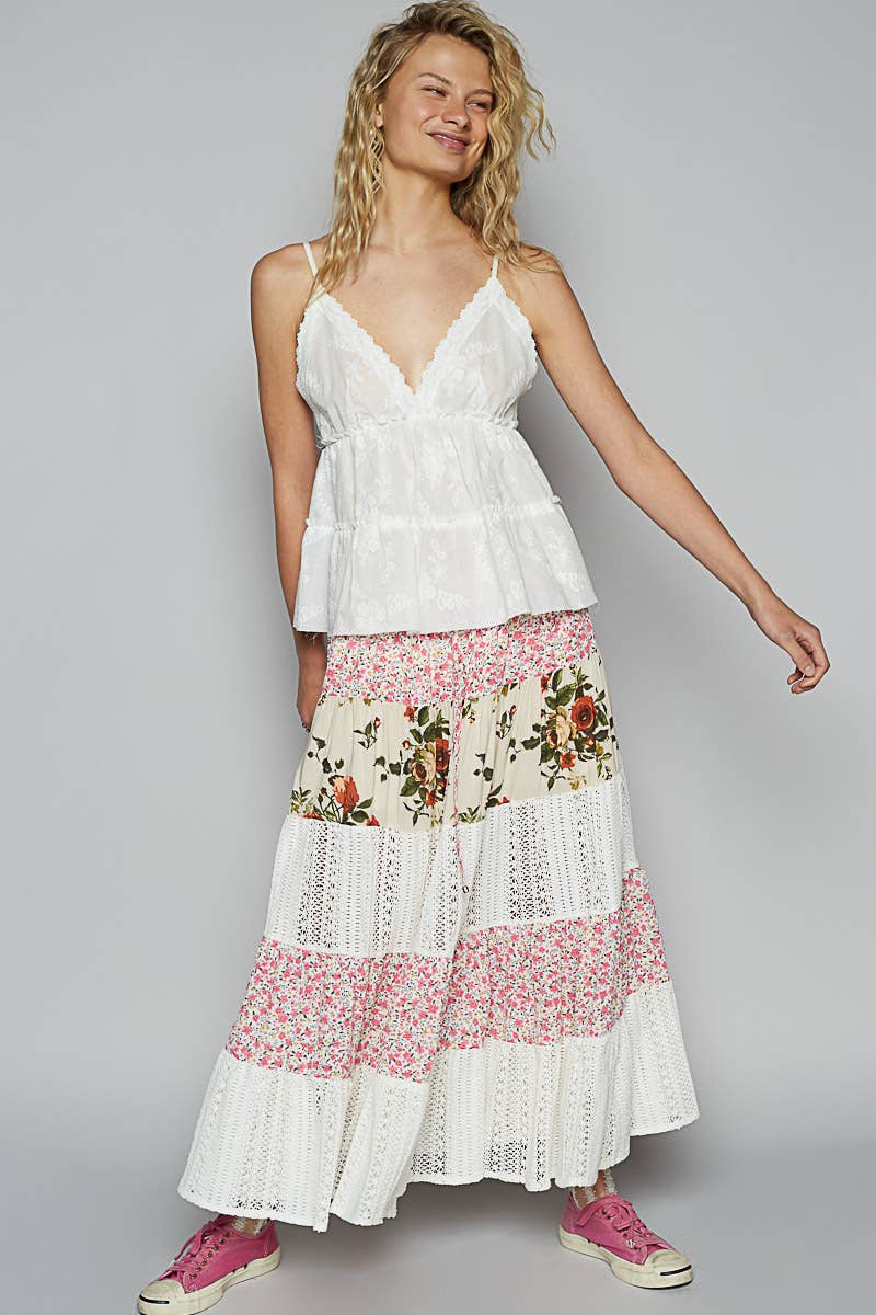 Crochet lace mix floral printed skirt