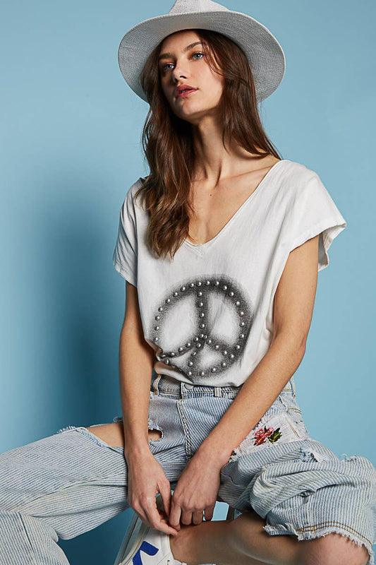 Dropped Short Sleeve Studded Peace Sign Tee (POL)
