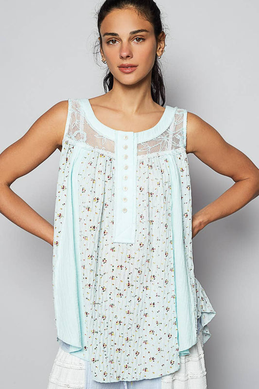 Round Neck Sleeveless Floral Printed Knit Top (POL)