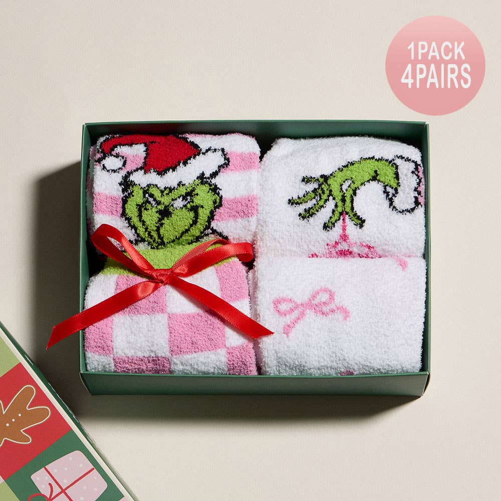 4Pairs Green Monster Grinch Christmas Bundle Gift Socks Set
