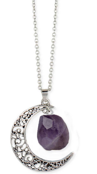 Antiqued Silver Moon Raw Amethyst Long Necklace