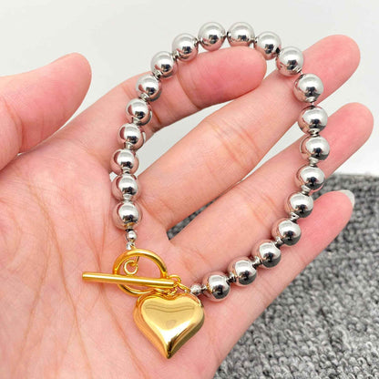 Heart Charm Steel Color Beaded Bracelet