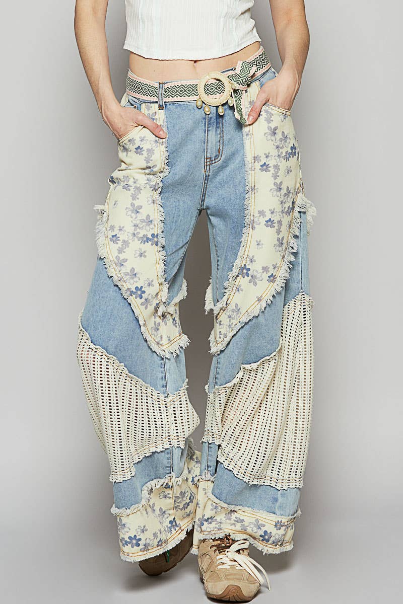Floral print crochet contrast casual jeans (POL)