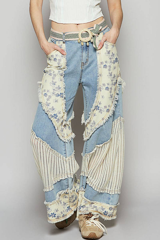 Floral print crochet contrast casual jeans (POL)