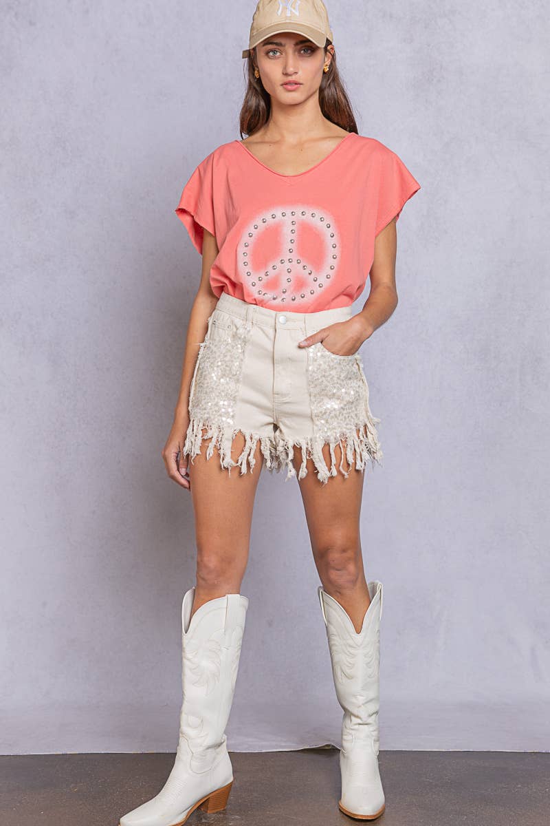 Dropped Short Sleeve Studded Peace Sign Tee (POL)