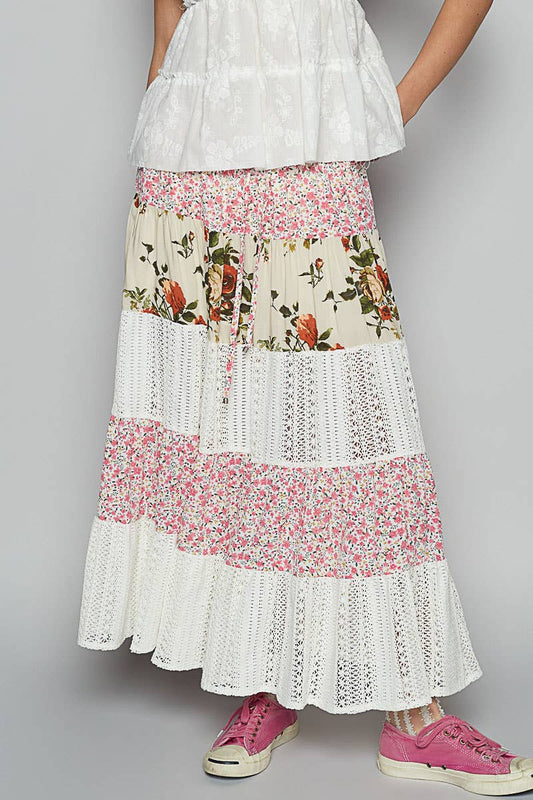 Crochet lace mix floral printed skirt