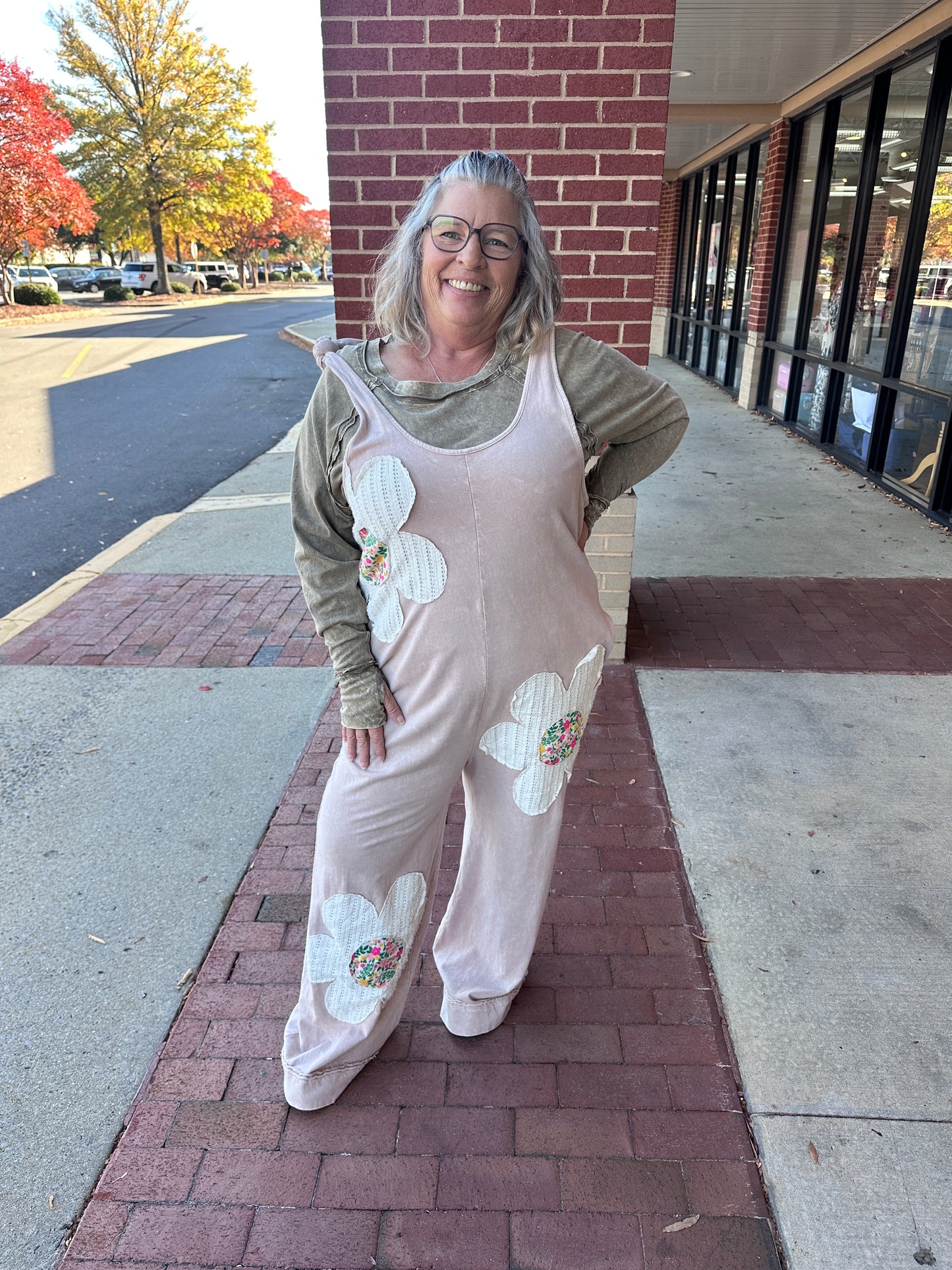 Mineral Washed Flower Patched Romper (J.Her)