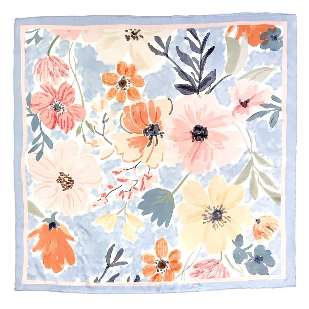 Vintage Floral Bloom Printed Square Silky Satin Scarf