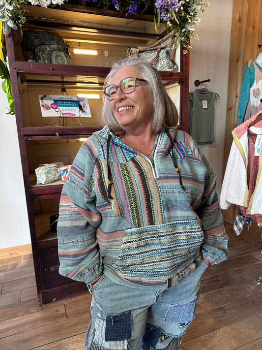 Blue Batik Patchwork Cotton Comfy Hoodie