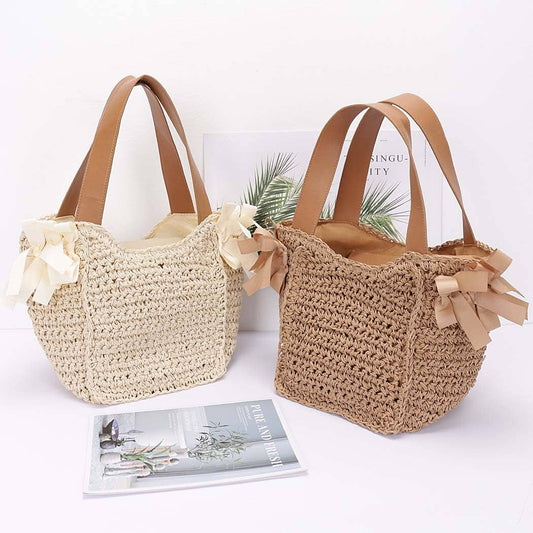 Faux Straw Ribbon Tote Bag