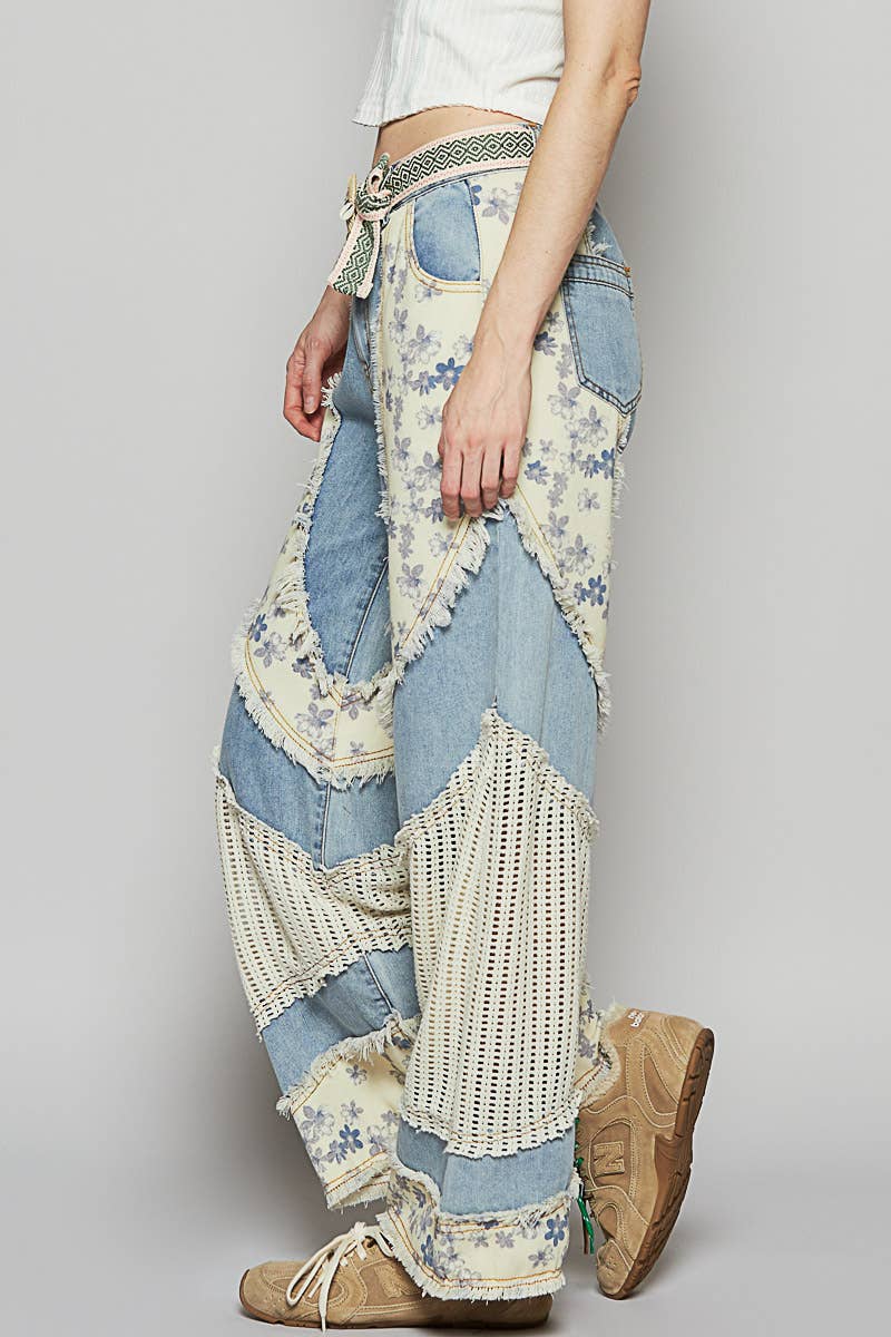 Floral print crochet contrast casual jeans (POL)