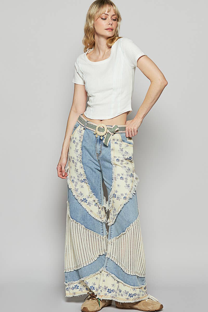 Floral print crochet contrast casual jeans (POL)
