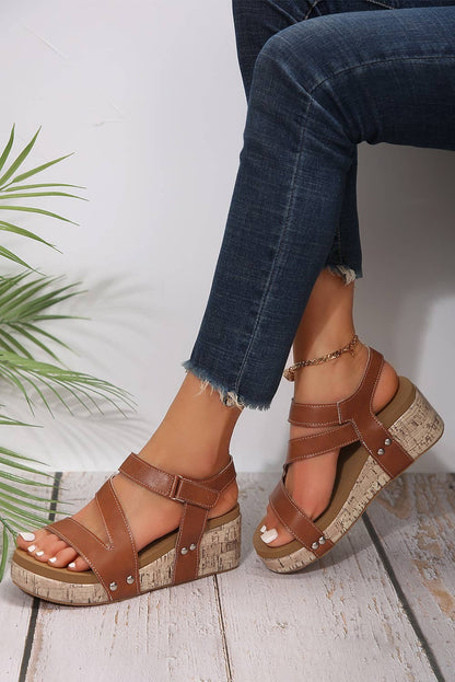 Fashion Hollow Out Velcro Leather Wedge Sandals