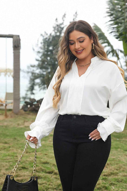 Ruffle V Neck Long Sleeve Plus Size Shirt