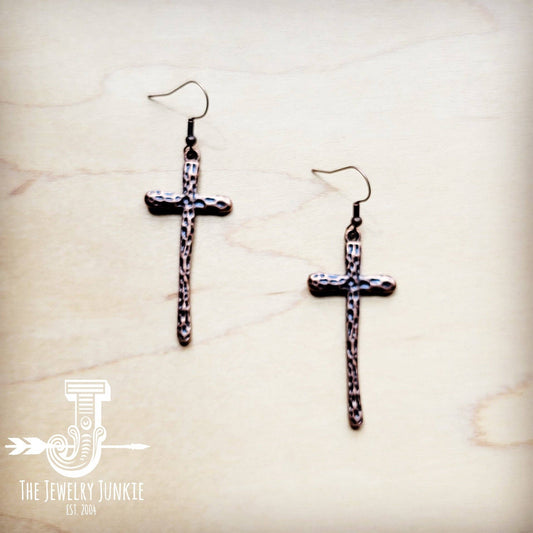 Narrow Hammered Copper Cross Earrings 220q