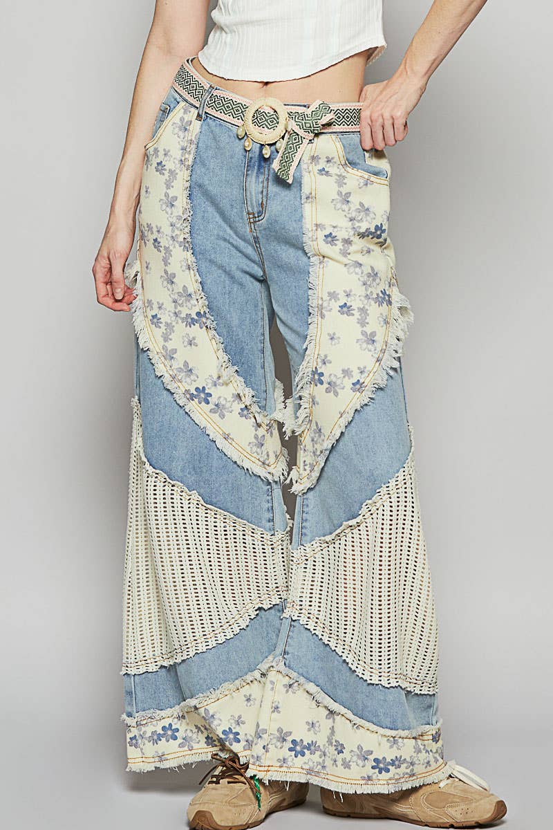 Floral print crochet contrast casual jeans (POL)