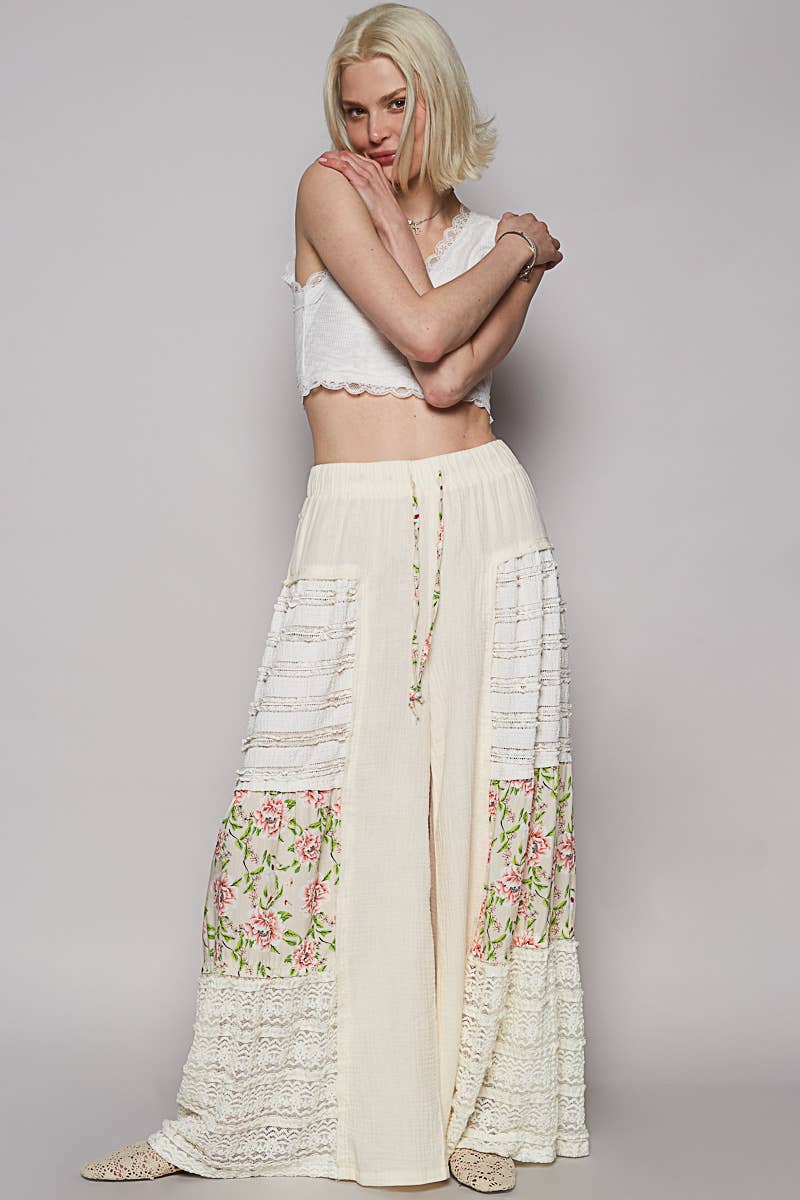 Double gauze lace and print detail flared pants (POL)