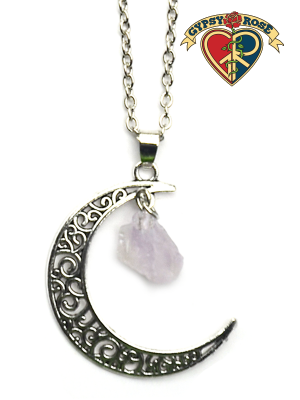 Antiqued Silver Moon Raw Amethyst Long Necklace