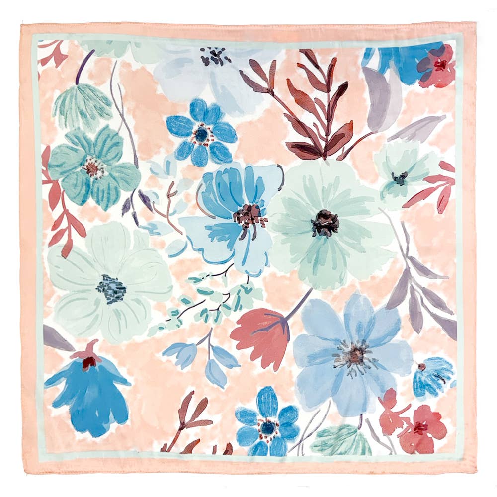 Vintage Floral Bloom Printed Square Silky Satin Scarf