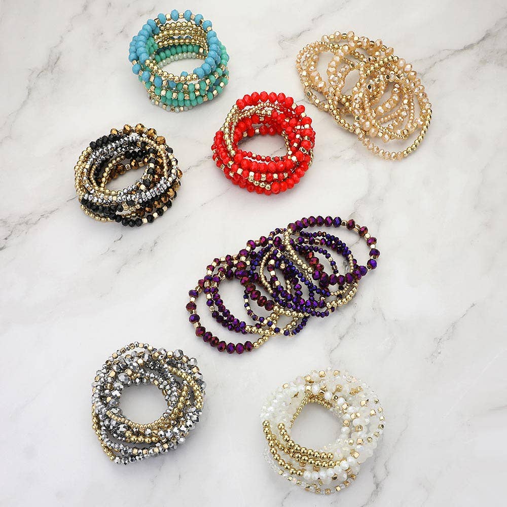 9PCs - Faceted Beaded Stretch Multi Layered Bracelets