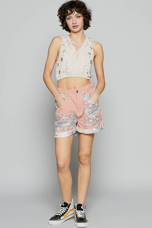 Elastic waistband patchworks shorts (POL)