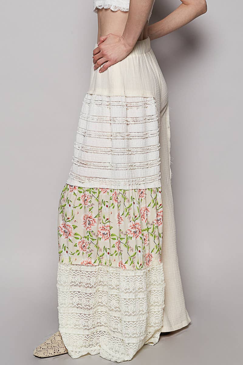 Double gauze lace and print detail flared pants (POL)