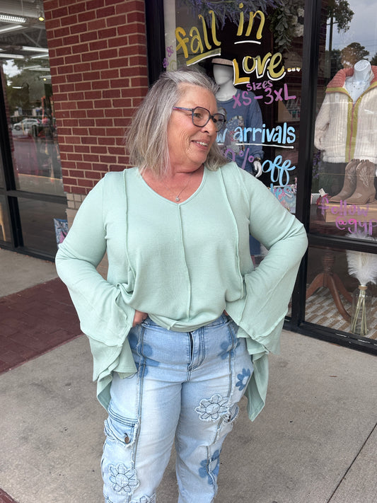 Golden Hour Long Bell Sleeve Top - Sage