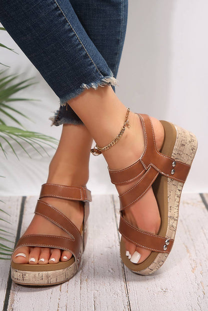 Fashion Hollow Out Velcro Leather Wedge Sandals