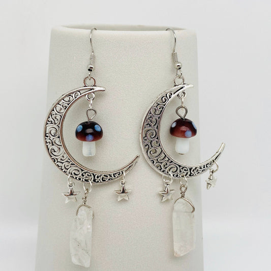 Hollow Moon Mushroom White Crystal Pendant Earrings - MS