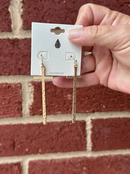 Hammered Metal Cross Dangle Earrings