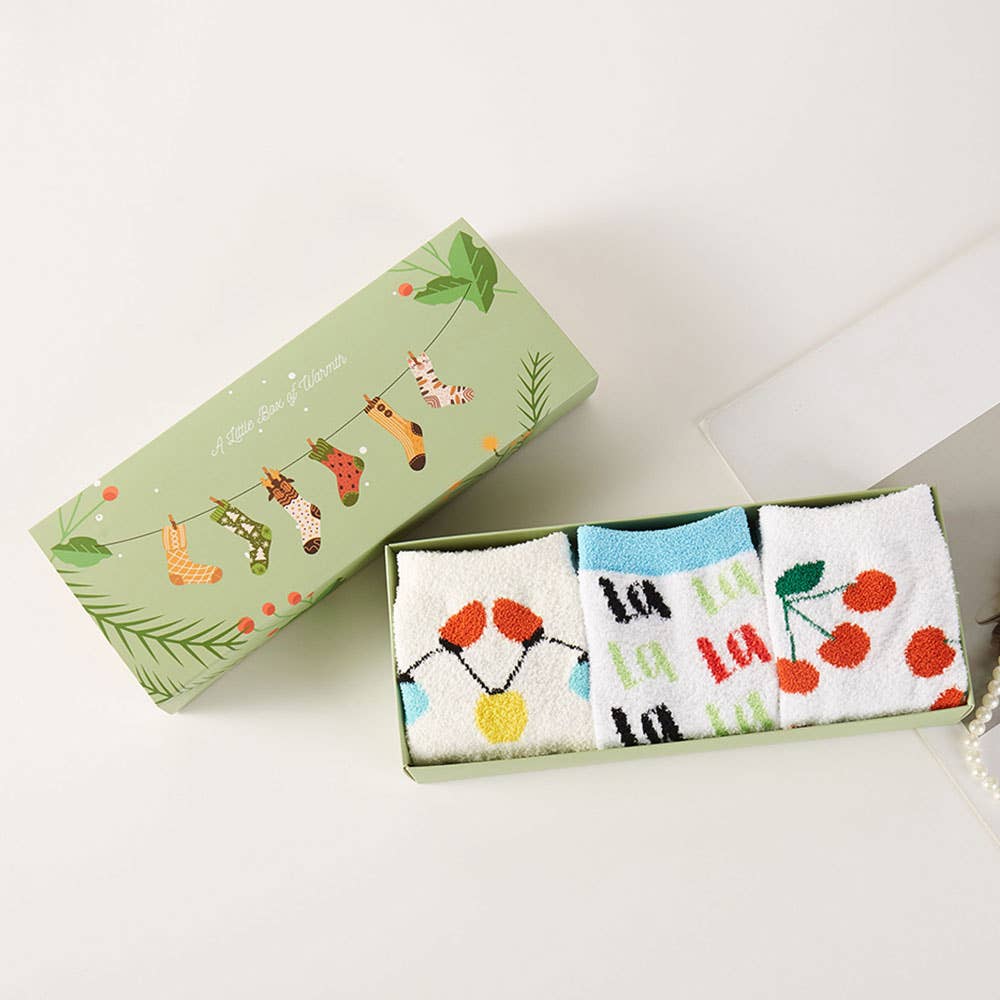 Cherry Holiday Light Fun Pattern Cozy Socks Gift Set