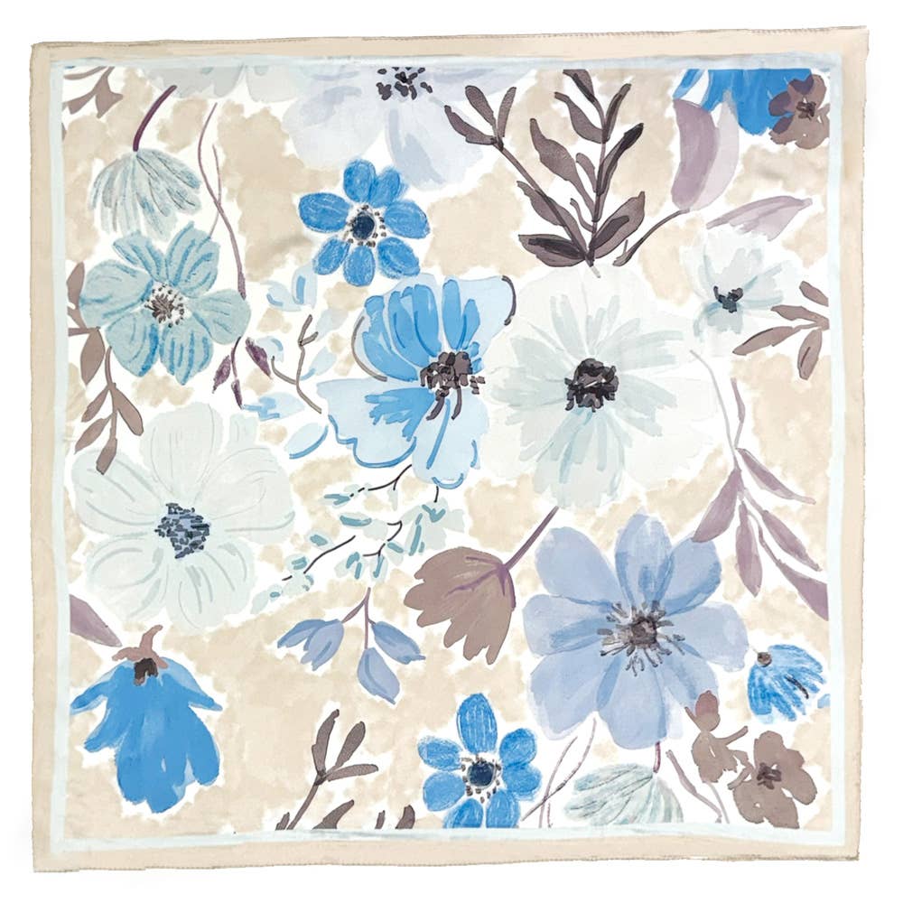 Vintage Floral Bloom Printed Square Silky Satin Scarf