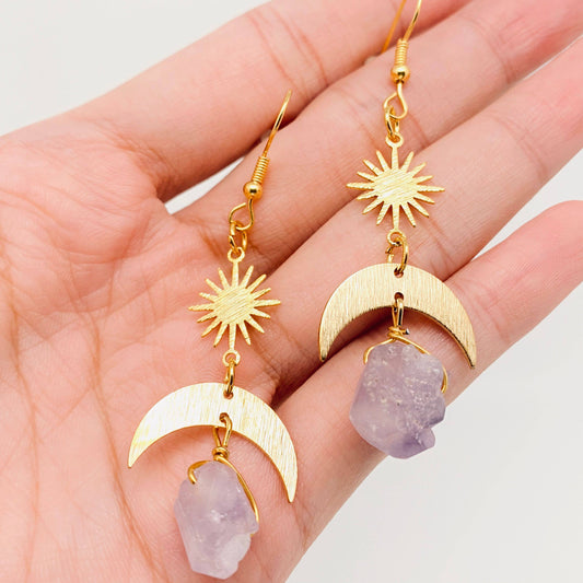 Purple Crystal Pendant Moon Earrings Bohemian Style - MS