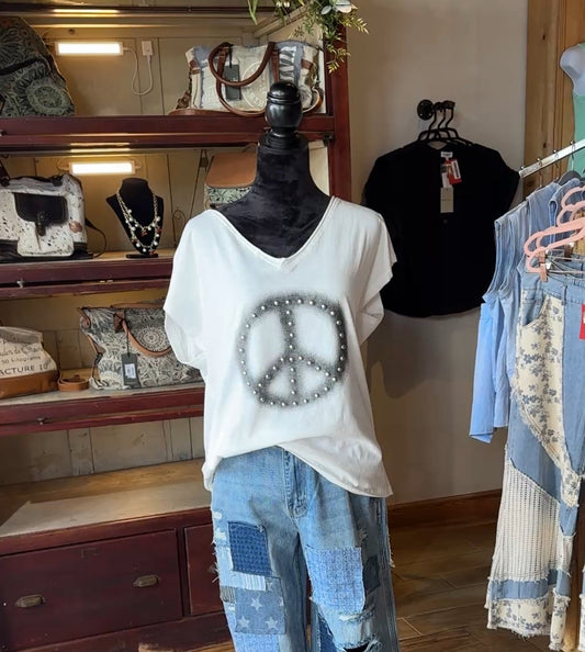 Peace Out Off-Shoulder Studded T-Shirt(POL)