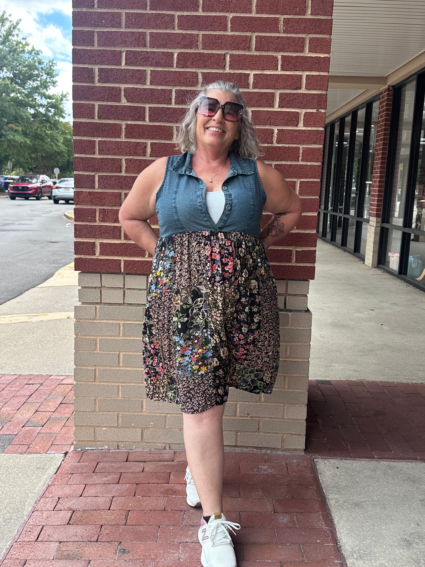 Rustic Summer Denim Short Dress with Print Patches